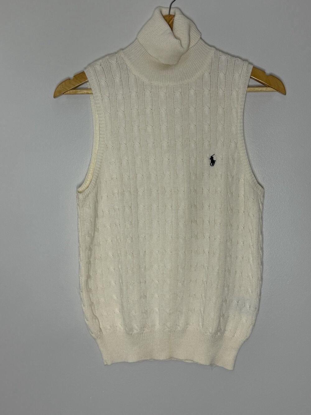 Ralph Lauren Sport Cable Knit Sleeveless Turtleneck Sweater Womens Large Ivory
